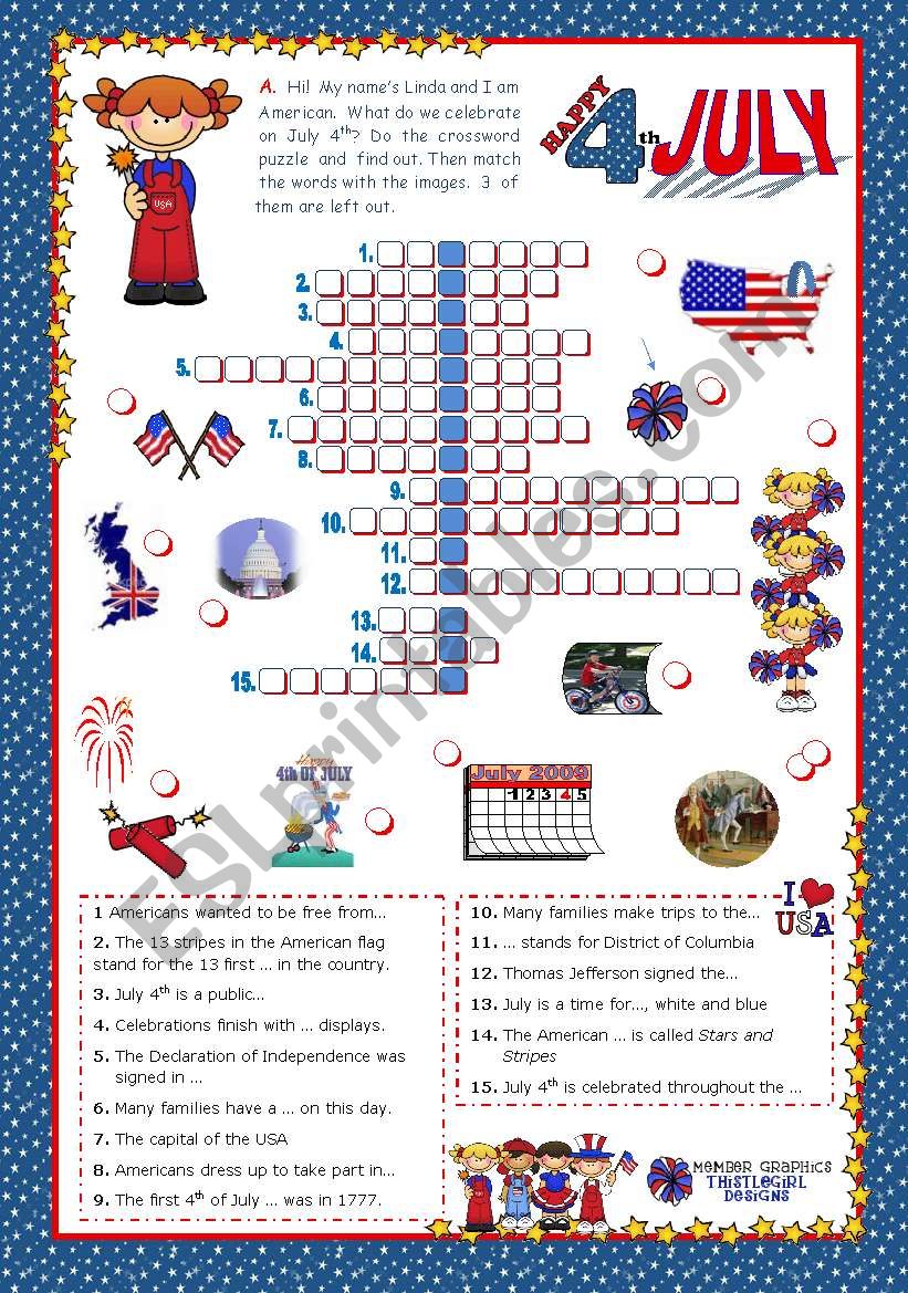 4th of July - Happy Birthday America! - Crossword puzzle for Elementary and Lower Intermediate students
