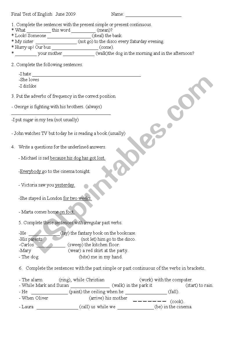 Final Test  worksheet