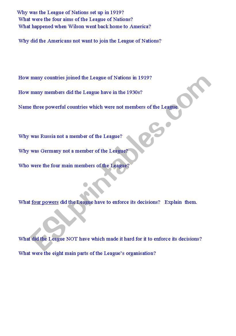 LEAGUE OF NATIONS worksheet
