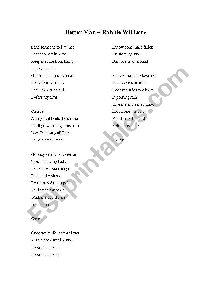 Better Man - Robbie Williams worksheet