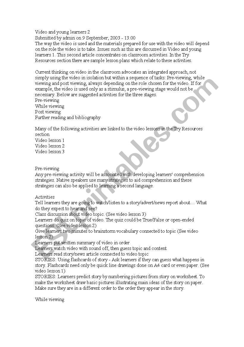 using video with YLs worksheet