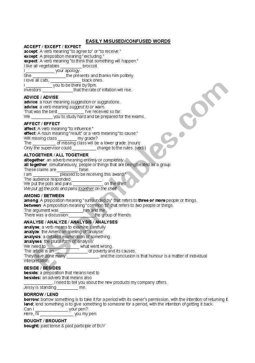 easily confused/misused words worksheet