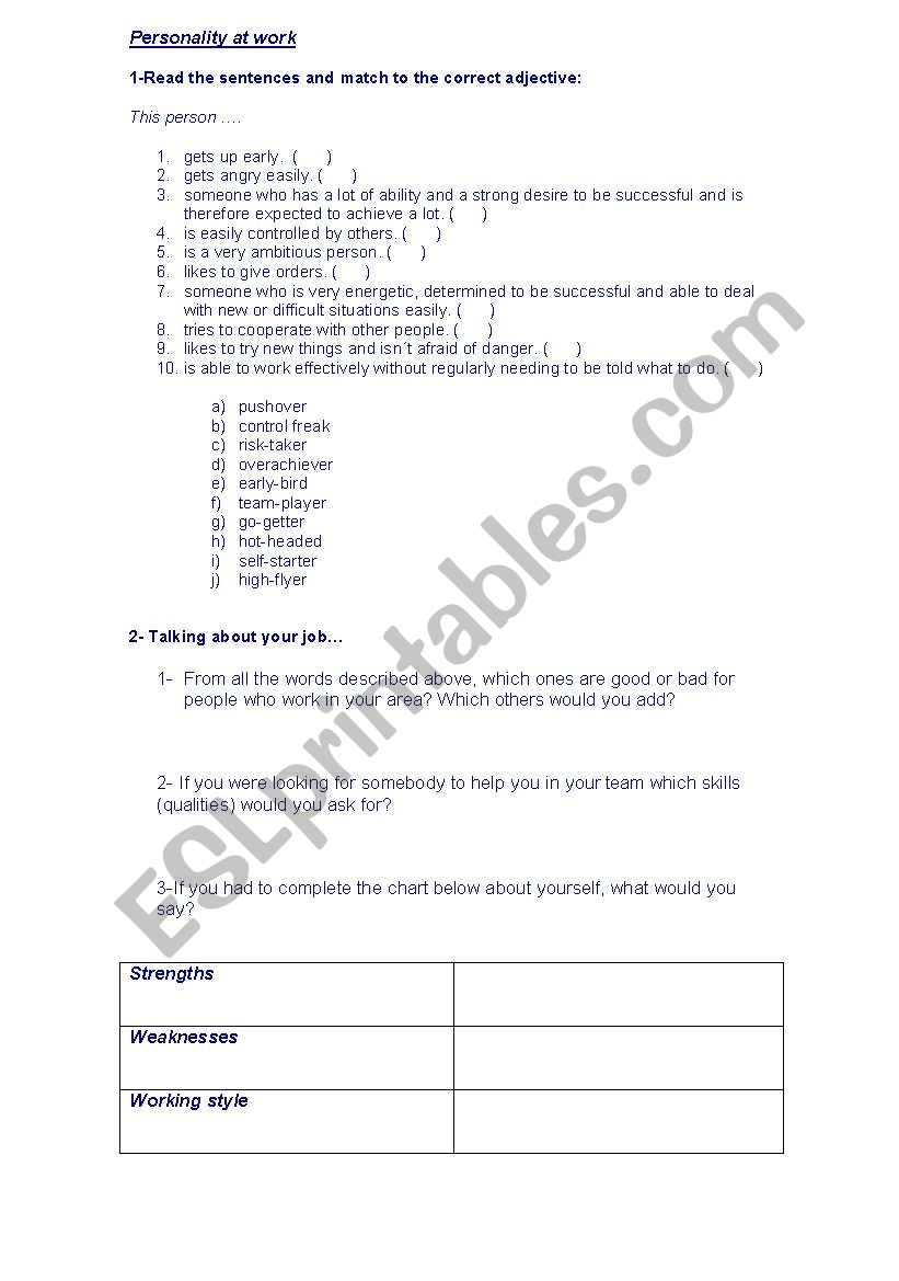 Personality at work worksheet