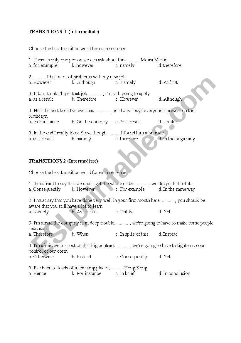 transitions worksheet