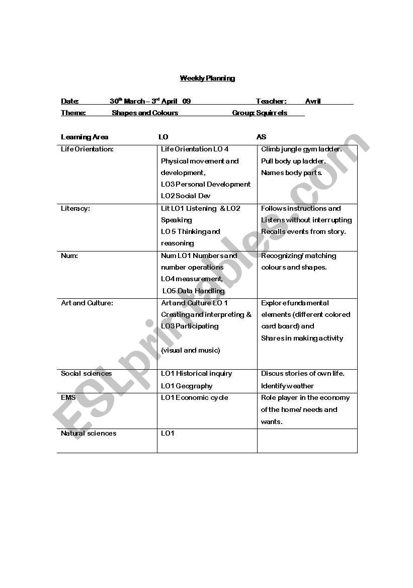 weekly planning Colors worksheet