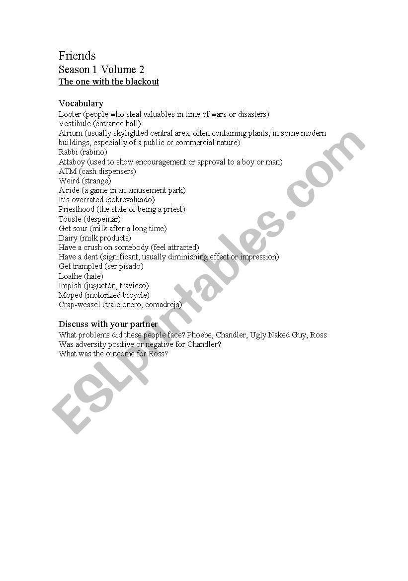 Friends Season 1 Volume 2 worksheet