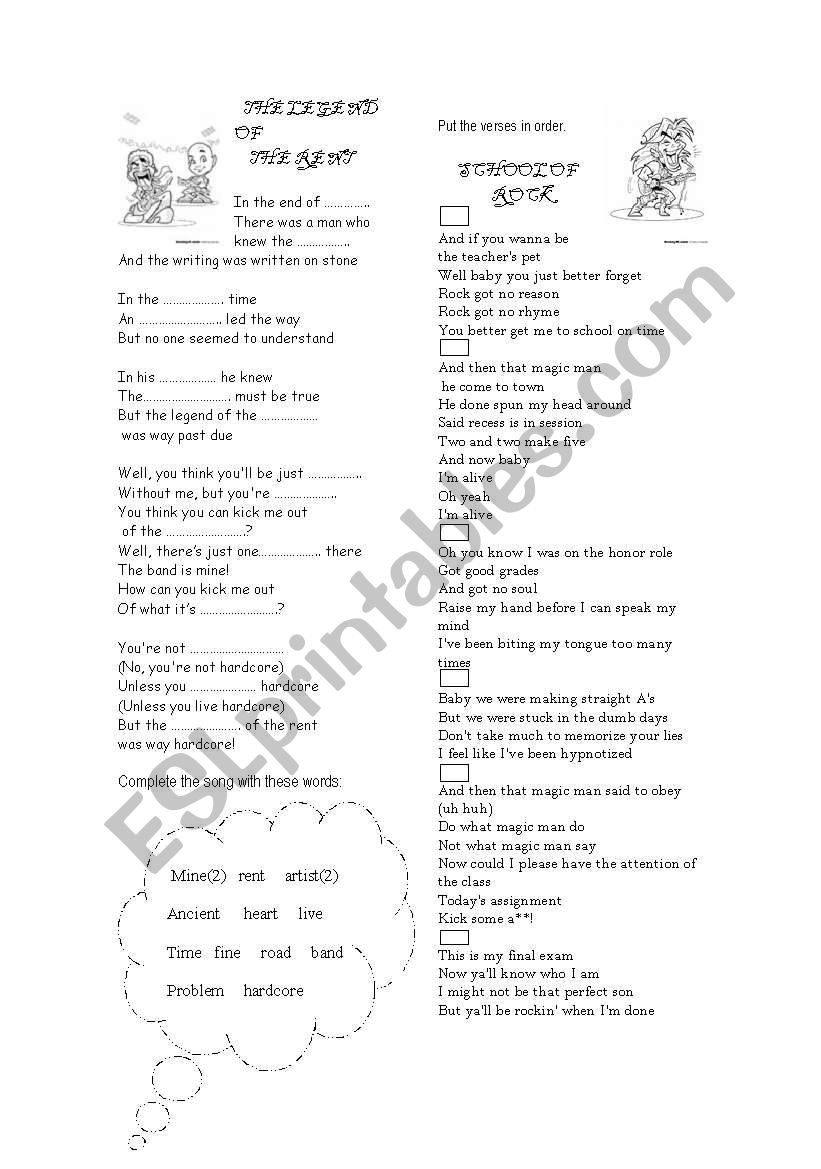 school of rock songs worksheet