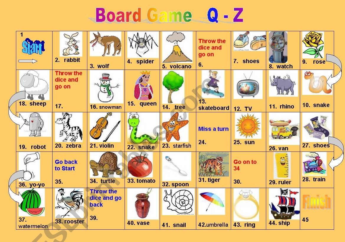 Board Game - Objects ( Letter  Q - Z)
