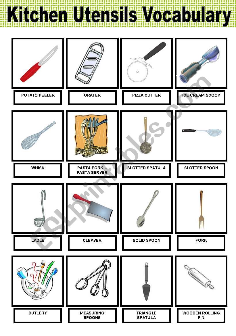 kitchen utensils vocabulary pictionary esl worksheet