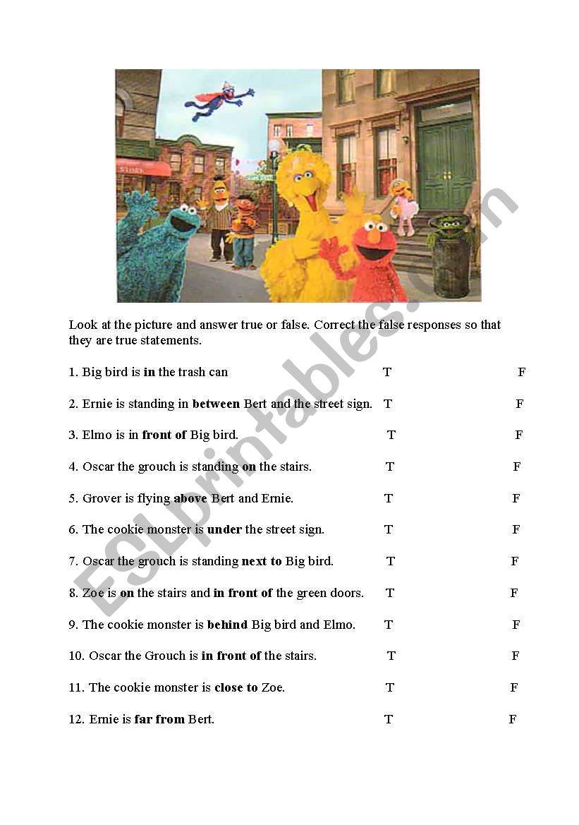 Sesame Street prepositions worksheet