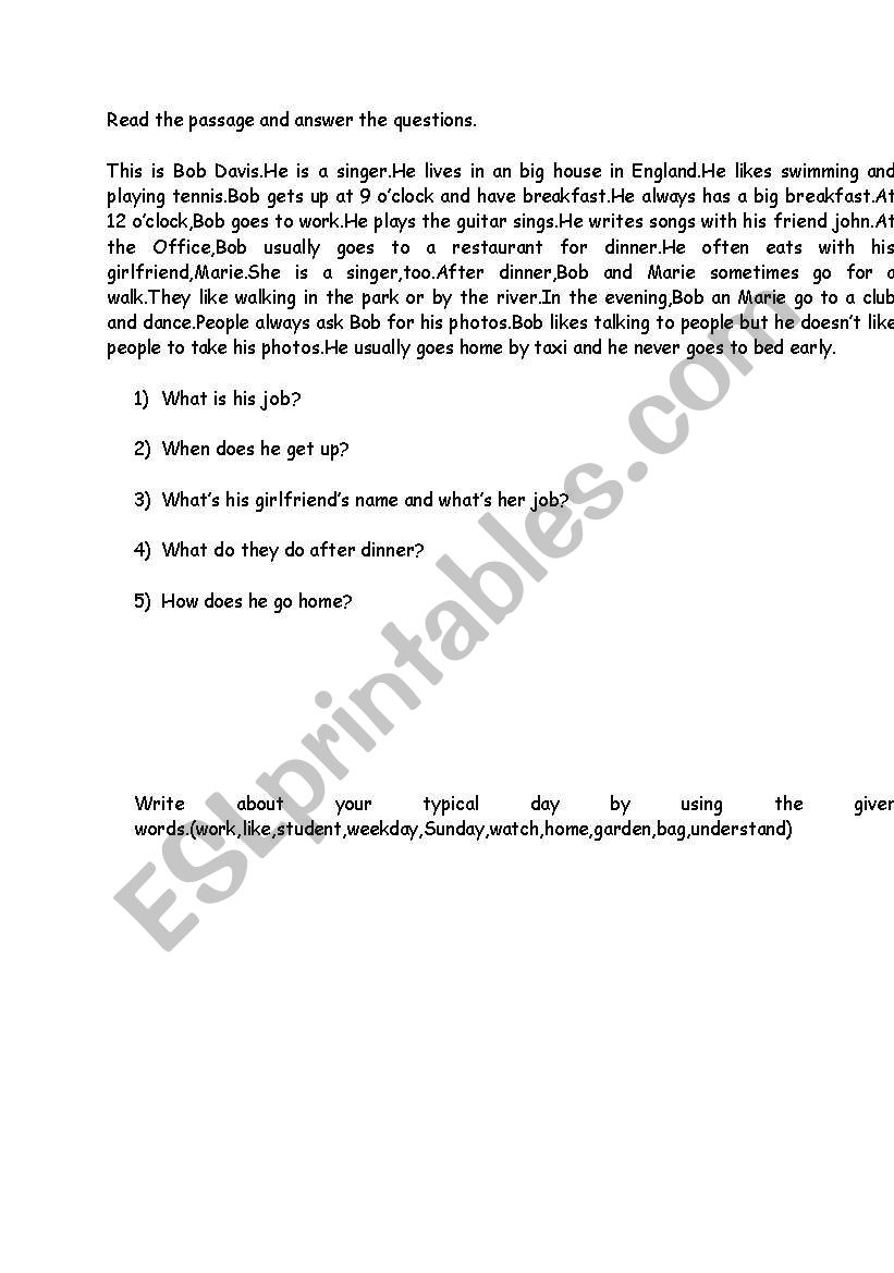 reading activity worksheet