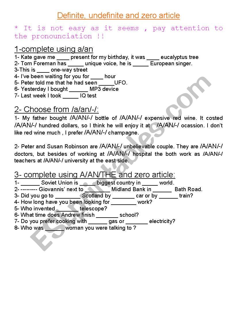 definite, undefinite and zero article