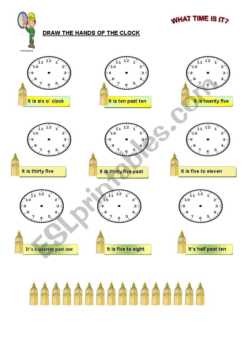DRAW THE HANDS OF THE CLOCK worksheet