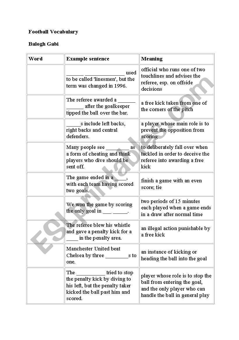 football vocabulary worksheet