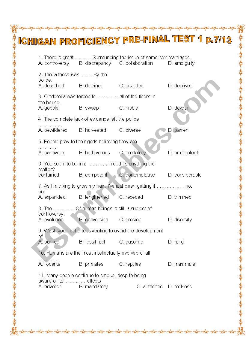 PRE-FINAL MULTIPLE CHOICE VOCABULARY  TEST 1