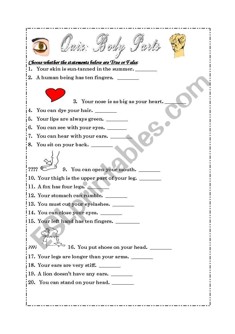 Body Parts Quiz worksheet