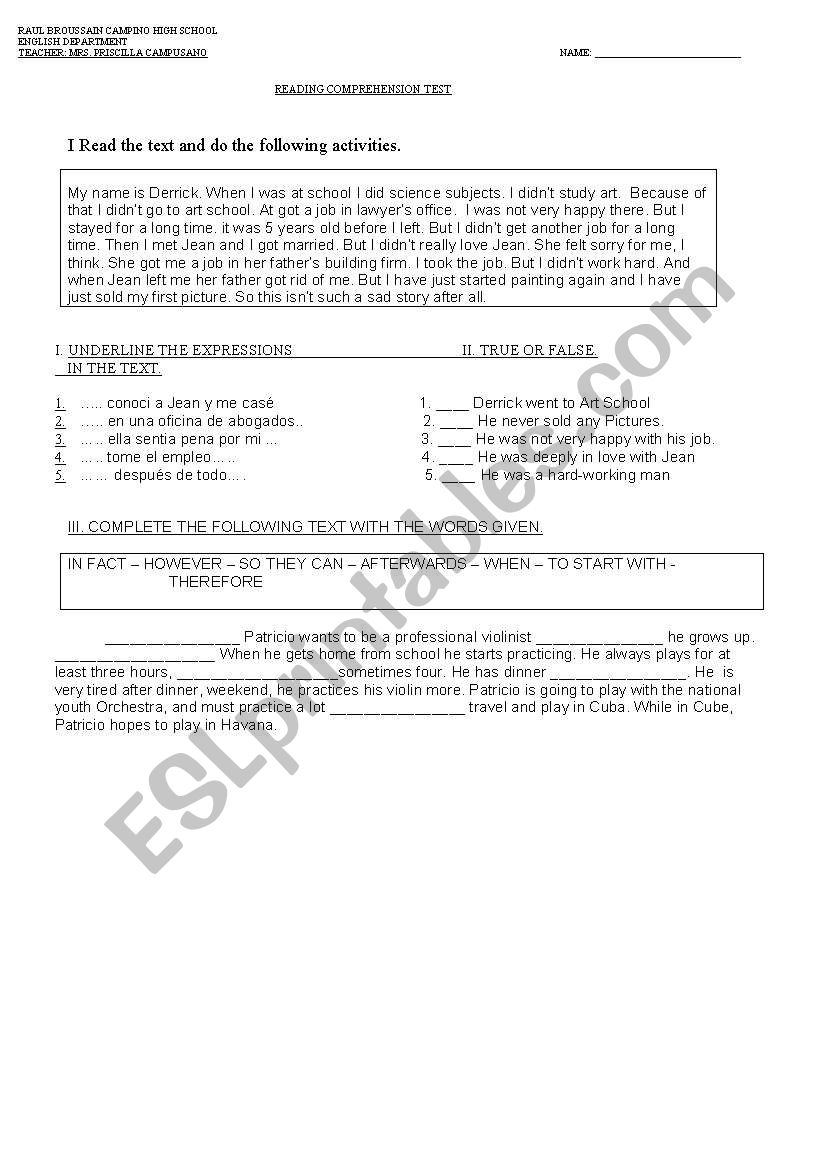 reading comprehension worksheet