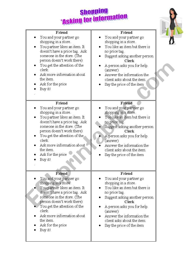 Shopping conversation cards worksheet