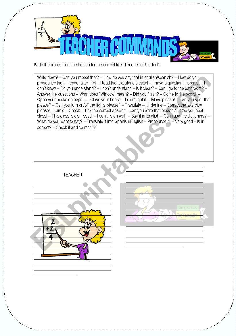 Teacher Commands worksheet