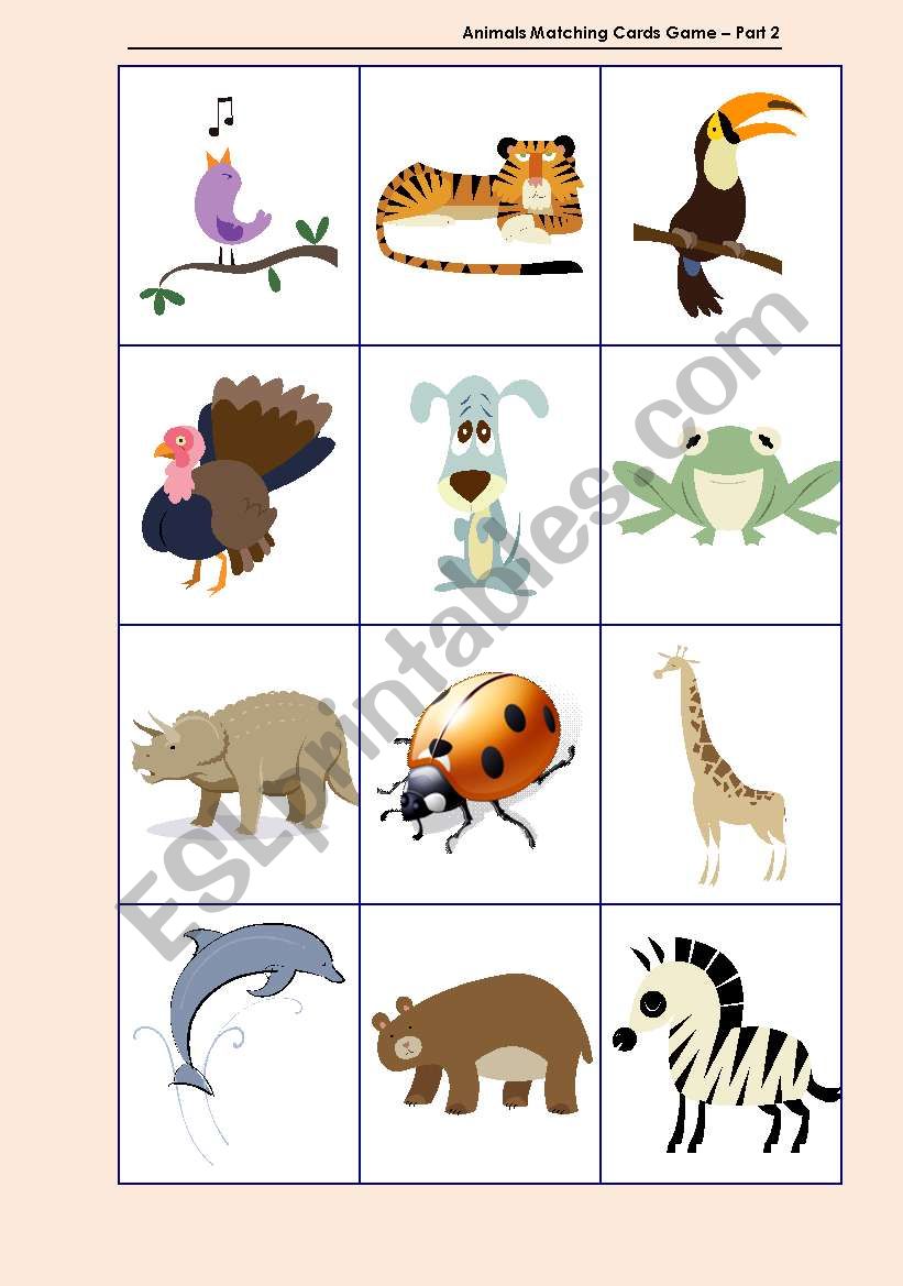 Animals Matching Cards Game – Part 2 - ESL worksheet by Ju Madeiro
