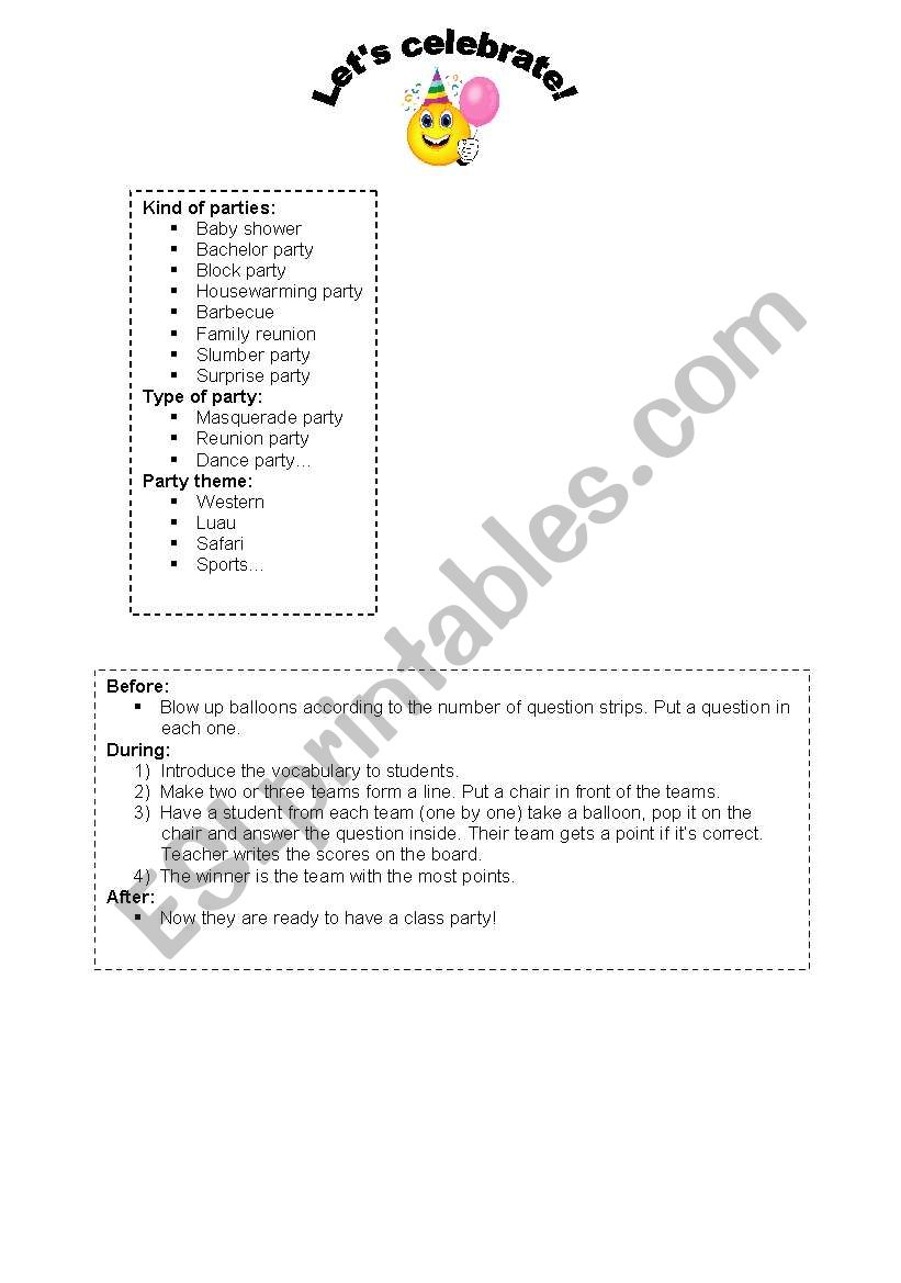 Lets celebrate! worksheet