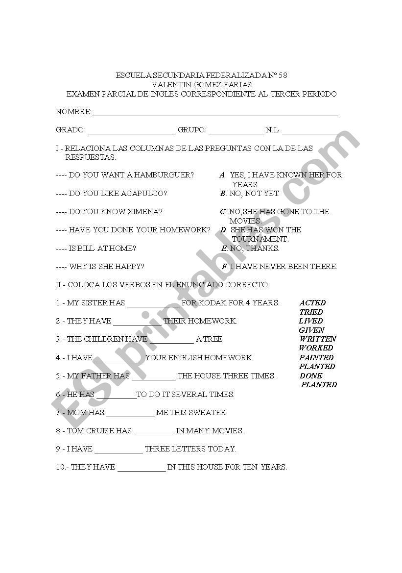 Exam  worksheet