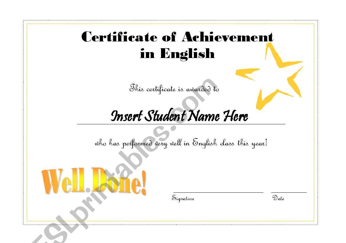 Editable English Certificate - Gold Star
