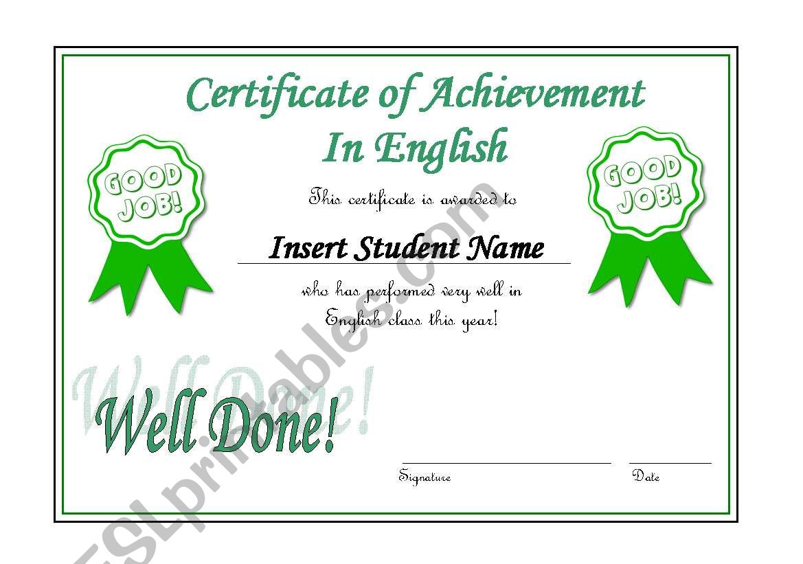 Editable Certificate of English Achievement - Green
