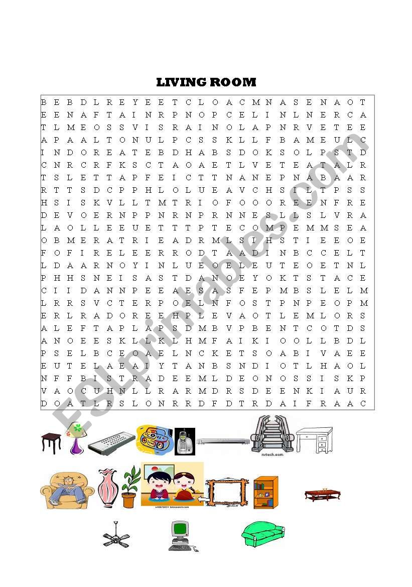 living room items word search worksheet