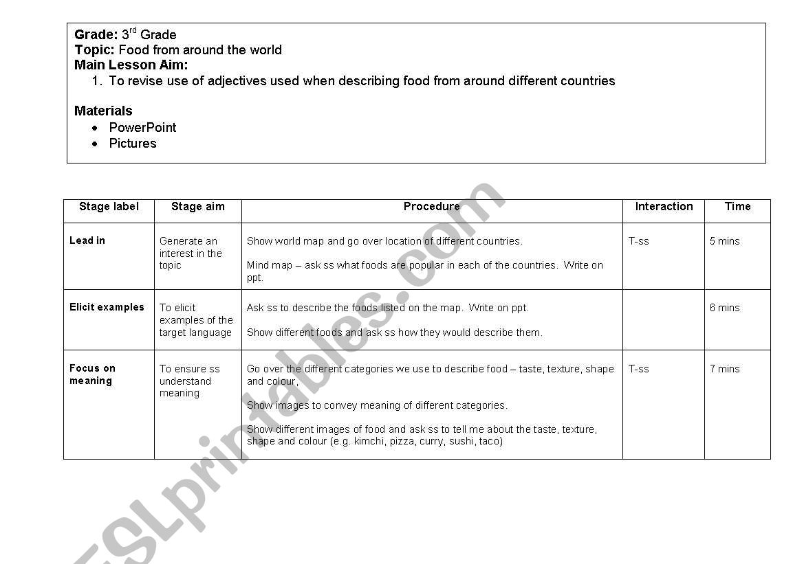 Lesson Plan -  Food Adjecticves