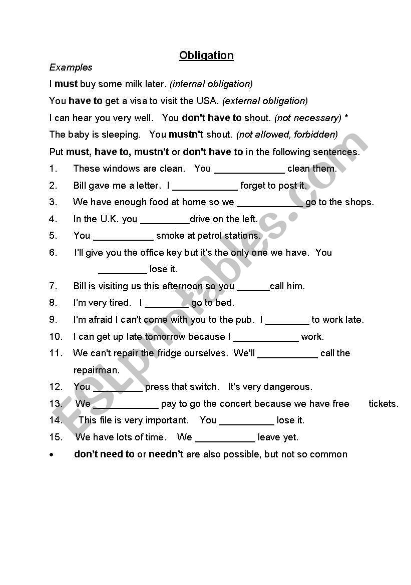 Obligation worksheet