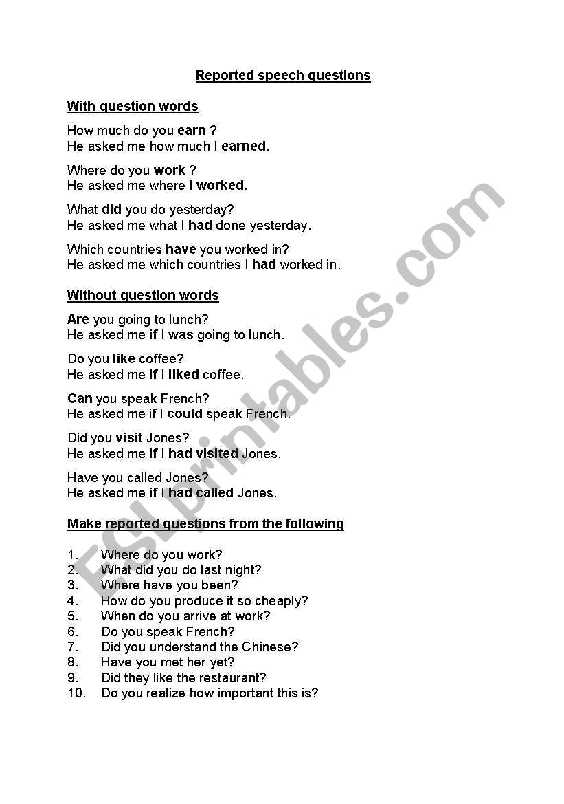 Reported speech questions worksheet