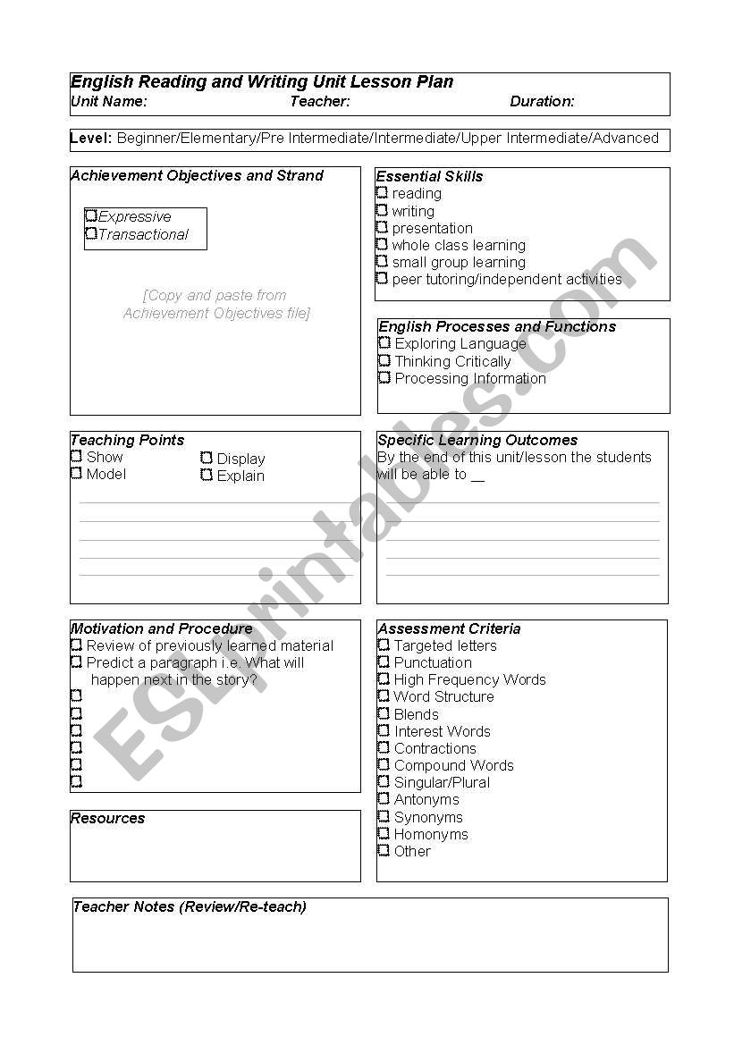 English Reading and Writing Lesson Plan