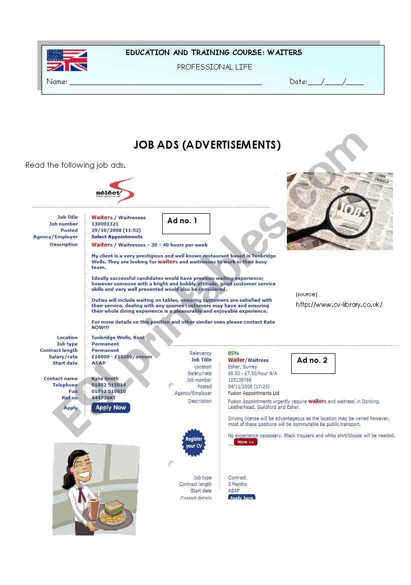 Job ads (for waiters) worksheet