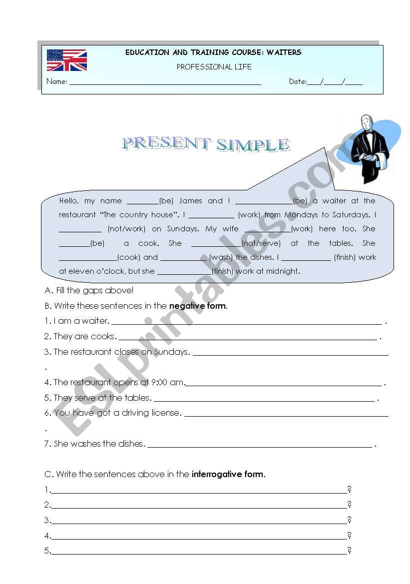 Present Simple (waiters) worksheet