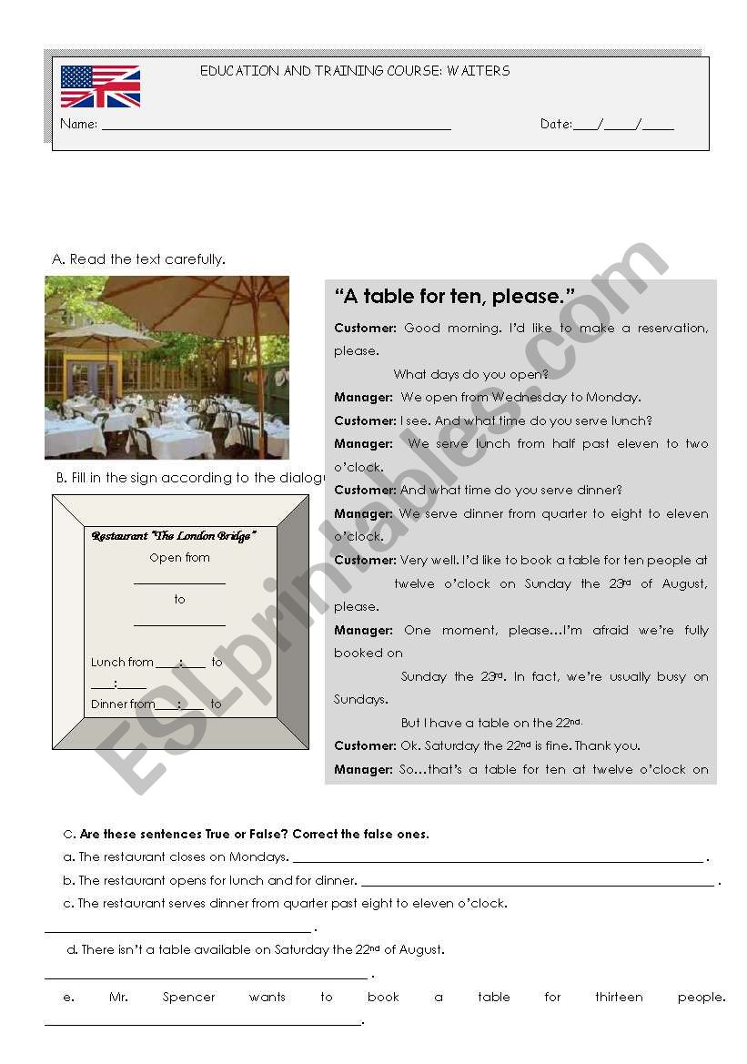 Taking restaurant bookings - waiters (fully editable)