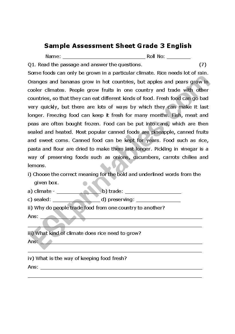 Sample Asessment Grade 3 worksheet