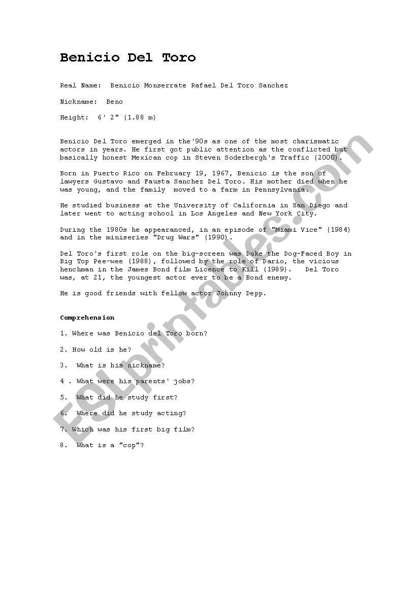 Benicio del Toro worksheet