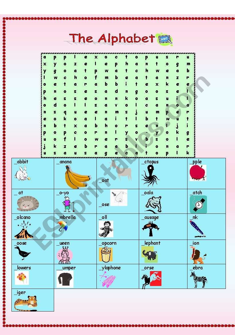 The Alphabet word find worksheet