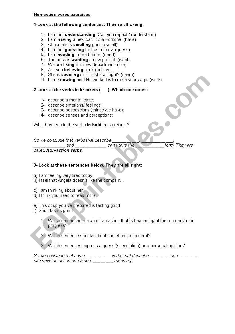 Non-action verbs exercise worksheet