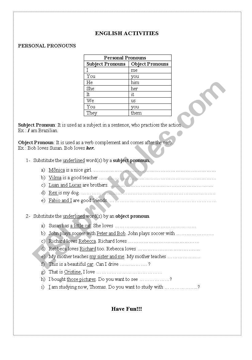 Personal pronouns worksheet