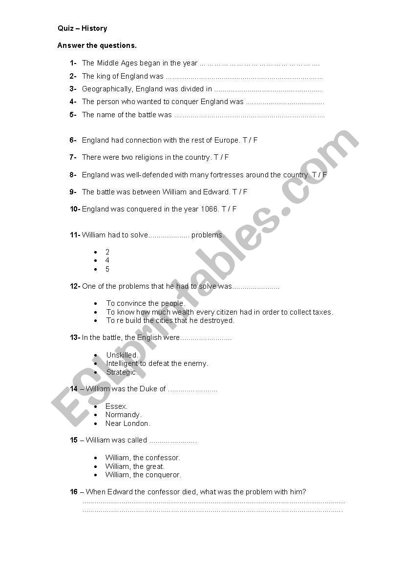 History for teenagers worksheet