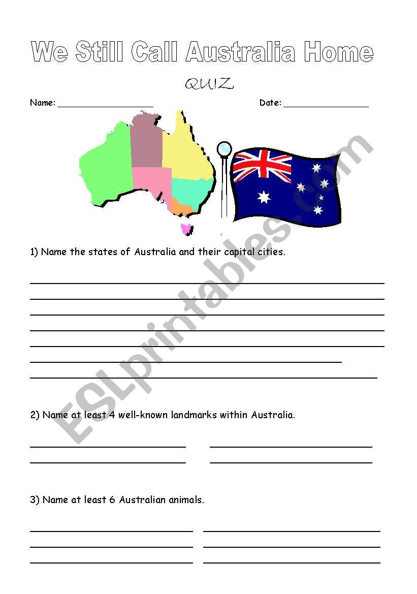 Quiz about Australia worksheet