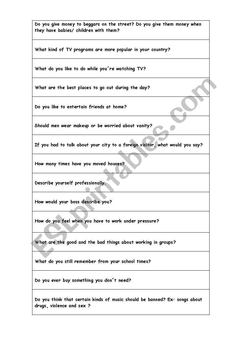 Bag of questions worksheet