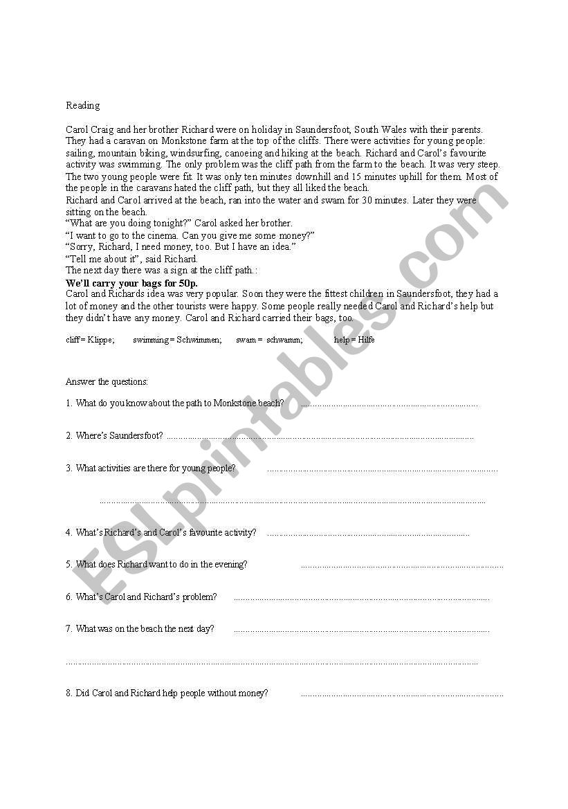 Reading comprehension worksheet