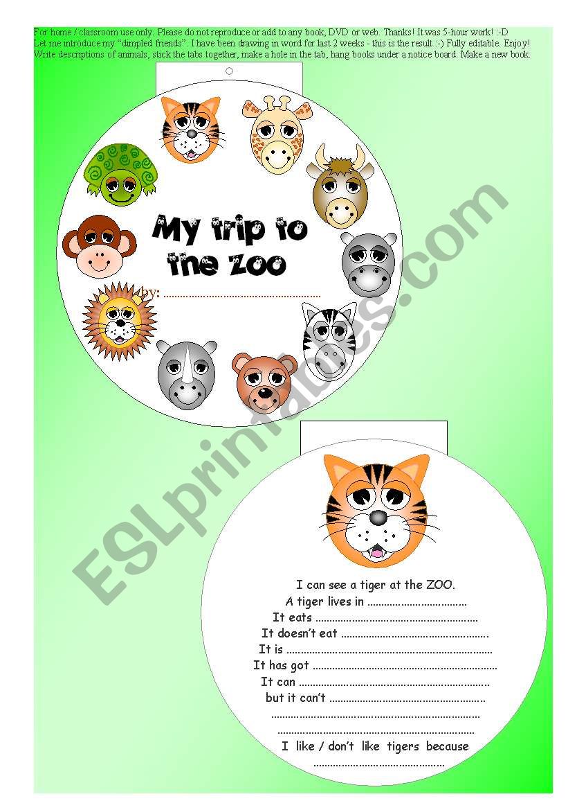 original 10-paged ANIMAL MINIBOOK + 5 exercises -  read + vocab + rephrase... EDITABLE ((7 pages))