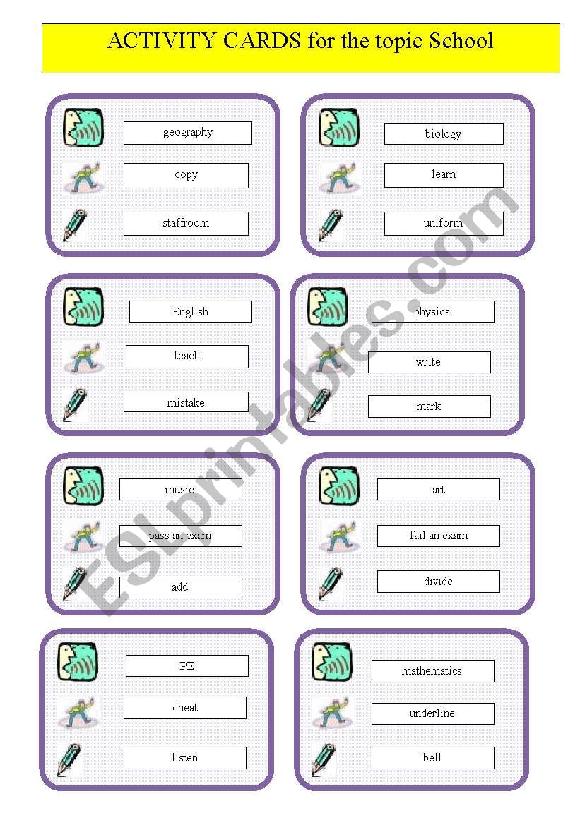 Activity cards for the game Mime-Draw-Explain Topic:SCHOOL