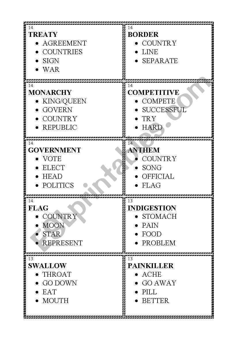 Taboo worksheet