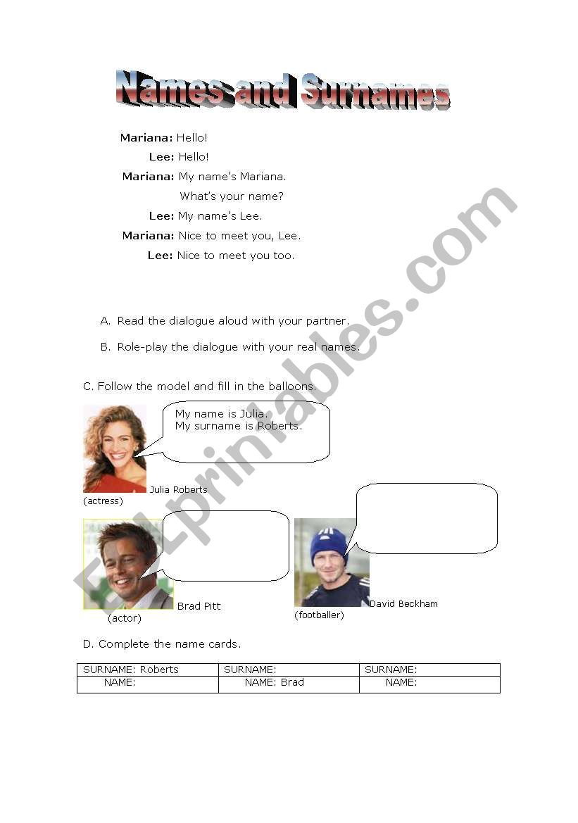 Names and Surnames worksheet