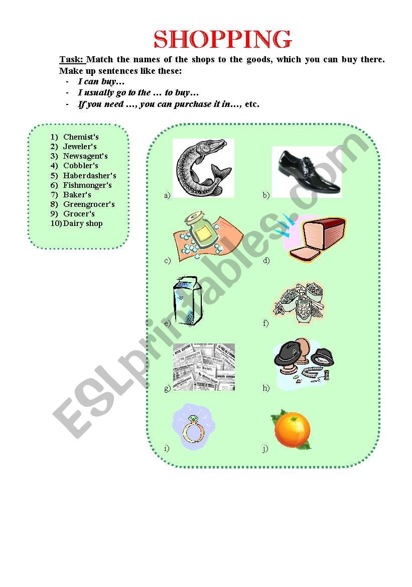 shopping worksheet